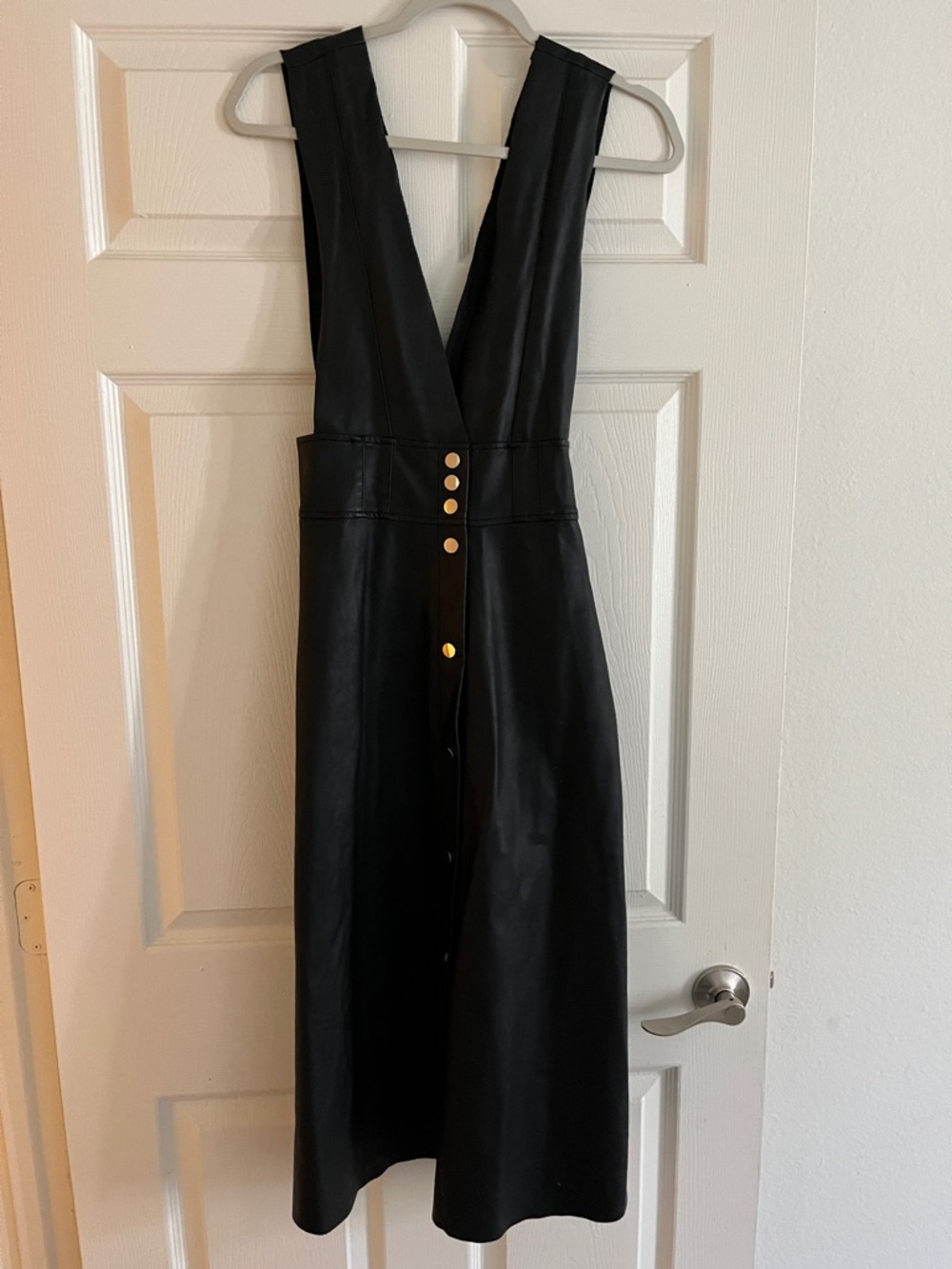 Zara Black Faux-Leather Plunge Midi Dress with Gold Buttons